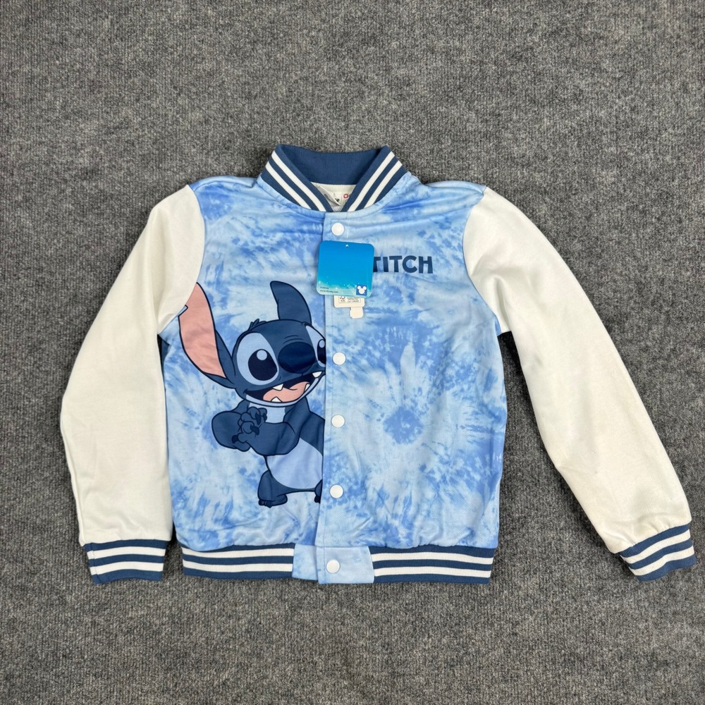 Disney PatPat Jacket Unisex Kids Size 8-9Y Blue Tie Dye Stitch Varsity Snap